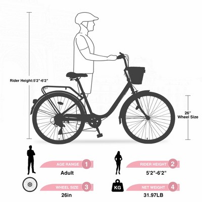 7 Speed City Bike With Basket for Girls | Steel Frame, 26 Inch Wheels, Multiple Colors, Lightweight & Comfortable Ride