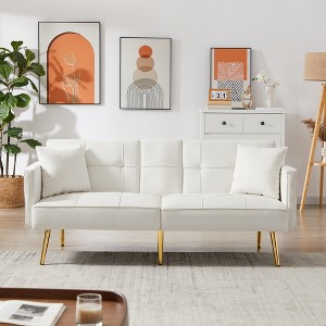 Velvet Futon Sofa Bed with Gold Metal Legs, 2 Pillows, Cup Holders and Side Pockets for Living Room - 1 of 4
