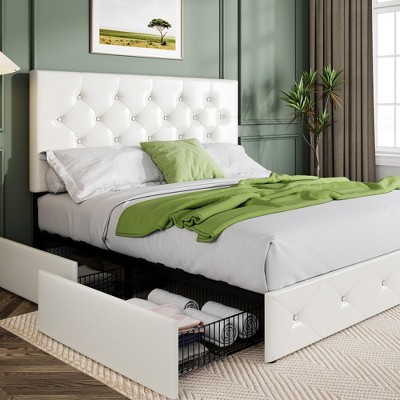Allewie King Size Upholstered Platform Bed Frame with 4 Storage Drawers, Diamond Stitched Headboard, Wooden Slats, No Box Spring Needed, White