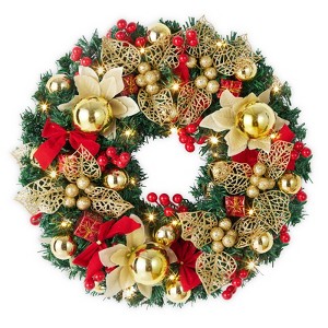18 inch Lighted Christmas Wreath, Pre-Lit Xmas Wreath with Red Bow, Christmas Decorations, Christmas Wreath for Windows, Wall, Mantel Decoration - 1 of 4