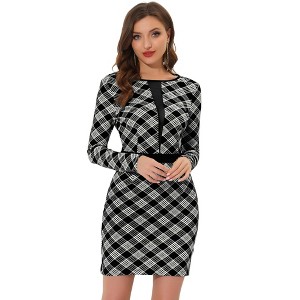 Allegra K Women's Bodycon Dress Mesh Panel Plaid Dresses - 1 of 4