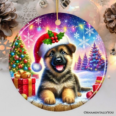 Heart-Shaped Festive German Shepherd Porcelain Ornament