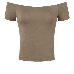 INSPIRE CHIC Women's Short Sleeves Off The Shoulder Stretchy Fabric Solid Crop Top - 1 of 4