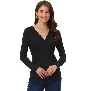 Allegra K Women's Long Sleeve Elegant V Neck Cross Front Blouse - 1 of 4