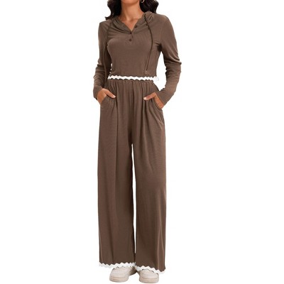 ATHLECHIC Women's Casual Lounge Cropped Half Button Hoodie Top Wide Leg Pants Ribbed Knit Tracksuit Two Piece Sets