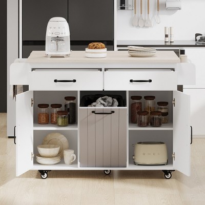 Rolling Kitchen Island With Trash Can And Storage Cabinet,Kitchen Cart With Adjustable Shelf,Spice Rack,Towel Rack And Drawer -Maison Boucle