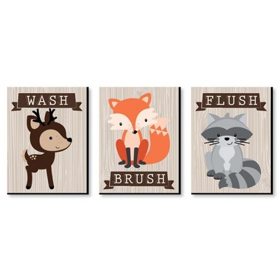Big Dot of Happiness Woodland Creatures - Kids Bathroom Rules Wall Art - 7.5 x 10 inches - Set of 3 Signs - Wash, Brush, Flush