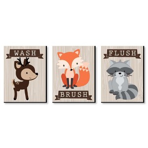 Big Dot of Happiness Woodland Creatures - Kids Bathroom Rules Wall Art - 7.5 x 10 inches - Set of 3 Signs - Wash, Brush, Flush - 1 of 4