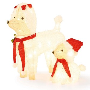 Costway Pre-lit Mama & Baby Poodle Dogs 60 Warm White LED Lights Red Hat & Scarf - 1 of 4