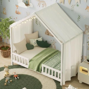 Merax Montessori Floor Bed with Canopy and Full Safety Railings - 1 of 4