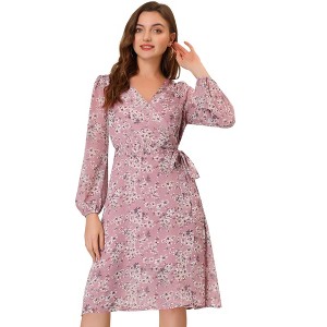 Allegra K Women's Boho Floral V Neck Tie Waist Long Sleeve Chiffon Wrap Midi Dress - 1 of 4