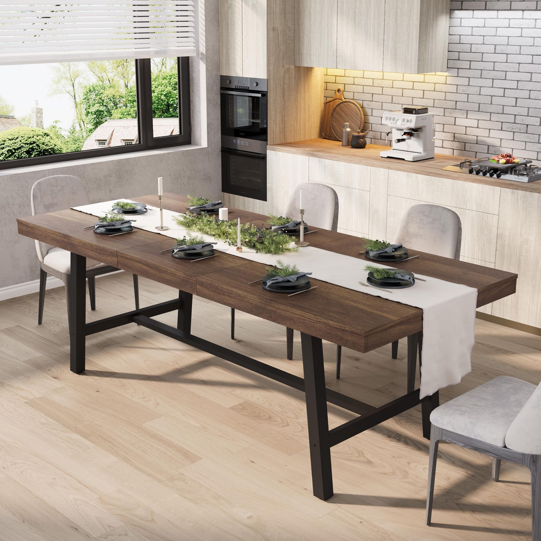 Garvee 63-83" Extendable Dining Table, Industrial Rectangular Kitchen Table with Metal Frame for 6-8 People, Brown