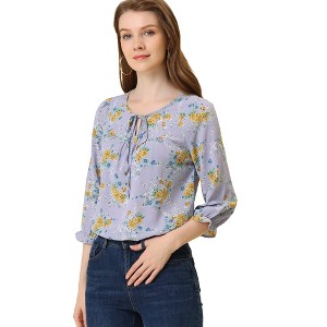 Allegra K Women's Floral Bow Tie Neck Vintage 3/4 Sleeve Blouse - 1 of 4