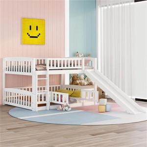 RISOKEYS Full Over Full Low Bunk Bed - Slide Included, Safety Fence & Ladder, Perfect for Toddlers Kids Teens - White - 1 of 4