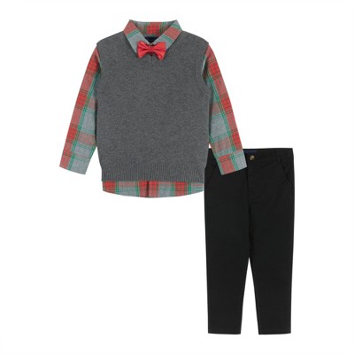 Andy & Evan  Kids  Boys Holiday Check Buttondown w/Vest Set