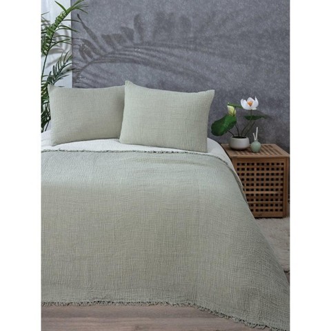 Sussex Home Muslin Blanket 4 Layers, Soft Bedspread, 100% Turkish Cotton Muslin Bed Cover, Reversible Coverlet, Green, 91x95, Queen Size