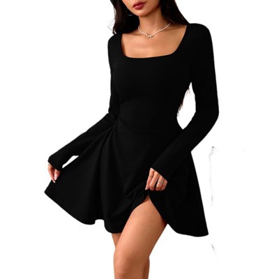 Coolmee Womens Square Neck Bodice Dress Long Sleeve A Line Mini Dresses