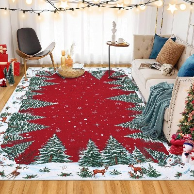 TackView Red Snowman Deer Tree Christmas Area Rug, Winter Home Decor Low-Profile Washable Rug