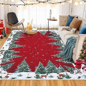 TackView Red Snowman Deer Tree Christmas Area Rug, Winter Home Decor Low-Profile Washable Rug - 1 of 4