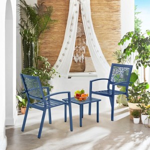 Outdoor Bistro Set 3 Piece Set - Comfortable Metal Patio Chairs And Small Table, Yellow /sage Green/peacock Blue/black Floral Back Design, Waterproof - 1 of 4