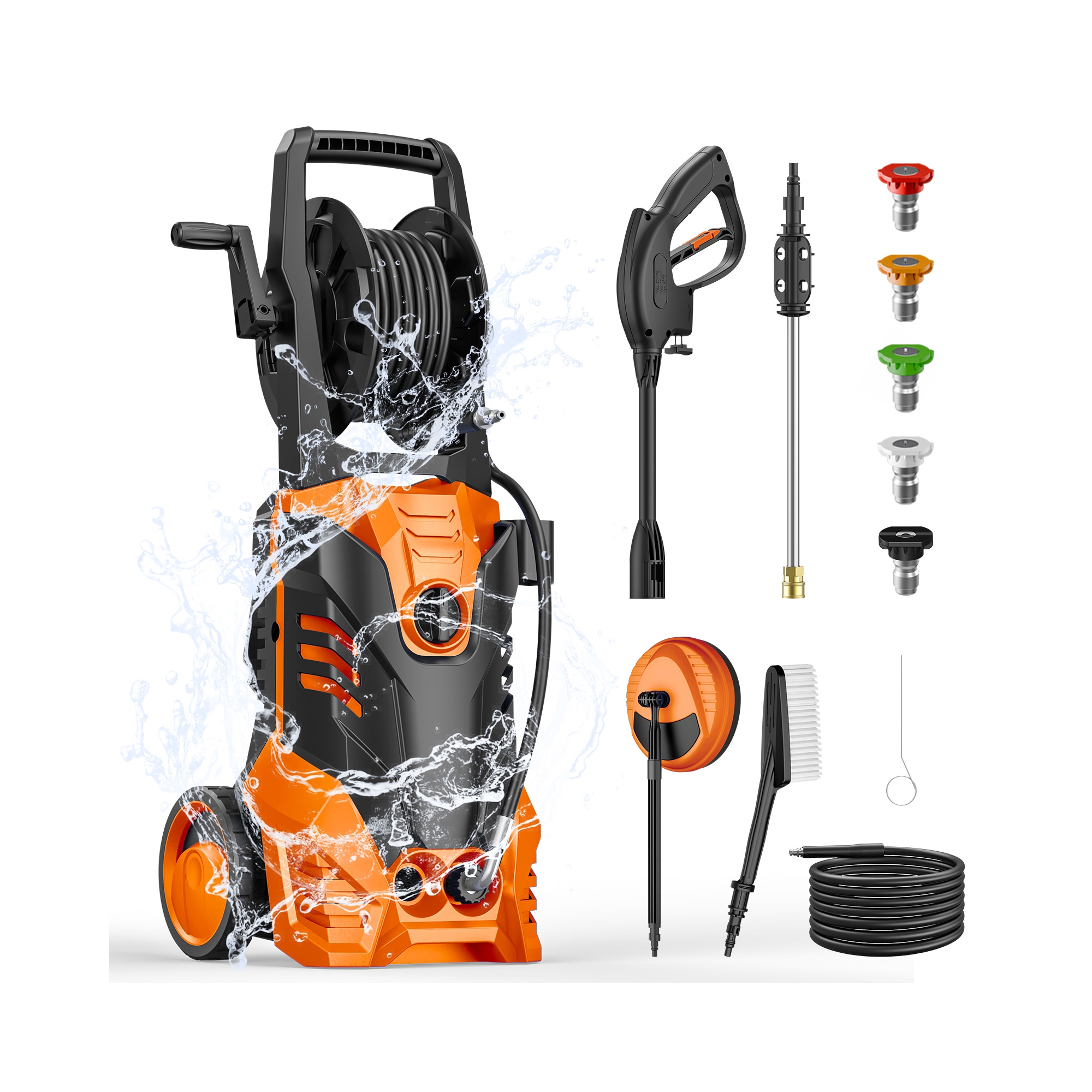 SUGIFT 3500 PSI Electric Pressure Washer, 5 Quick-Connect Nozzles, Built-in Hose Reel, Safe & Portable for Driveways, Cars, and More