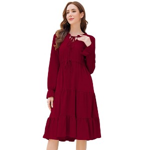 Women Tie V Neck Long Sleeve Midi Dress Casual Ruffle Drawstring Waist A-Line Swing Midi Dress - 1 of 4