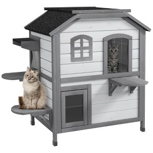 SKYONE Fir Wood 2-Tier Outdoor Cat House with Balcony, Weatherproof Roof, Openable Top & Removable - 1 of 4