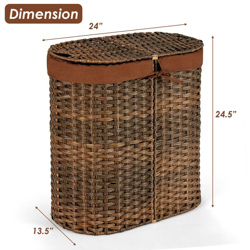 Costway Handwoven Laundry Hamper Laundry Basket w/2 Removable Liner Bags Brown/Grey, 3 of 11