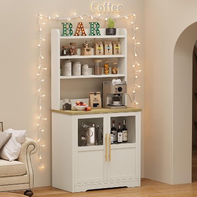 Bakers Rack with Storage Cabinet and Power Outlets, Farmhouse Microwave Stand with Thick Table Top, for Kitchen,Dining Room, White
