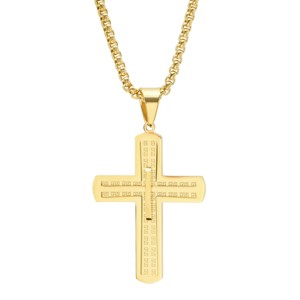 Steeltime 24" 18k gold plated stainless steel Greek key inlay cross pendant - 1 of 4