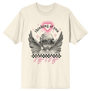 Old Statue Angel, Wings, Child, Heart, Thinking of You, 15:15, Checkered, on Sand Short Sleeve Adult T-Shirt - 1 of 3
