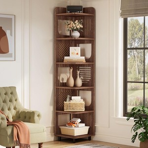 ORRD Corner Bookshelf, 71.65" Tall 6-Tier Narrow Storage Shelf Rustic Brown, 90-Degree Freestanding Organizer for Living Room, Bedroom - 1 of 4