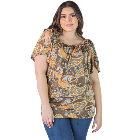 Women's Plus Size Brown Paisley Top With Short Sleeves And Slit ...
