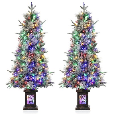 4.5ft Prelit Artificial Christmas Trees w/Warm Lights & Clusters Red Berry, Artificial Potted Xmas Tree w/8 Lighting Modes, Elk Base