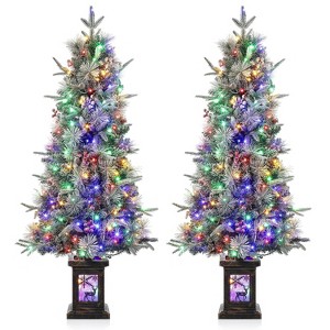 4.5ft Prelit Artificial Christmas Trees w/Warm Lights & Clusters Red Berry, Artificial Potted Xmas Tree w/8 Lighting Modes, Elk Base - 1 of 4