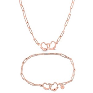 EVERLY JEWELRY | Silver Double Heart Paperclip Link Chain Necklace and Anklet Set-Multiple Metal Color Option - 1 of 4