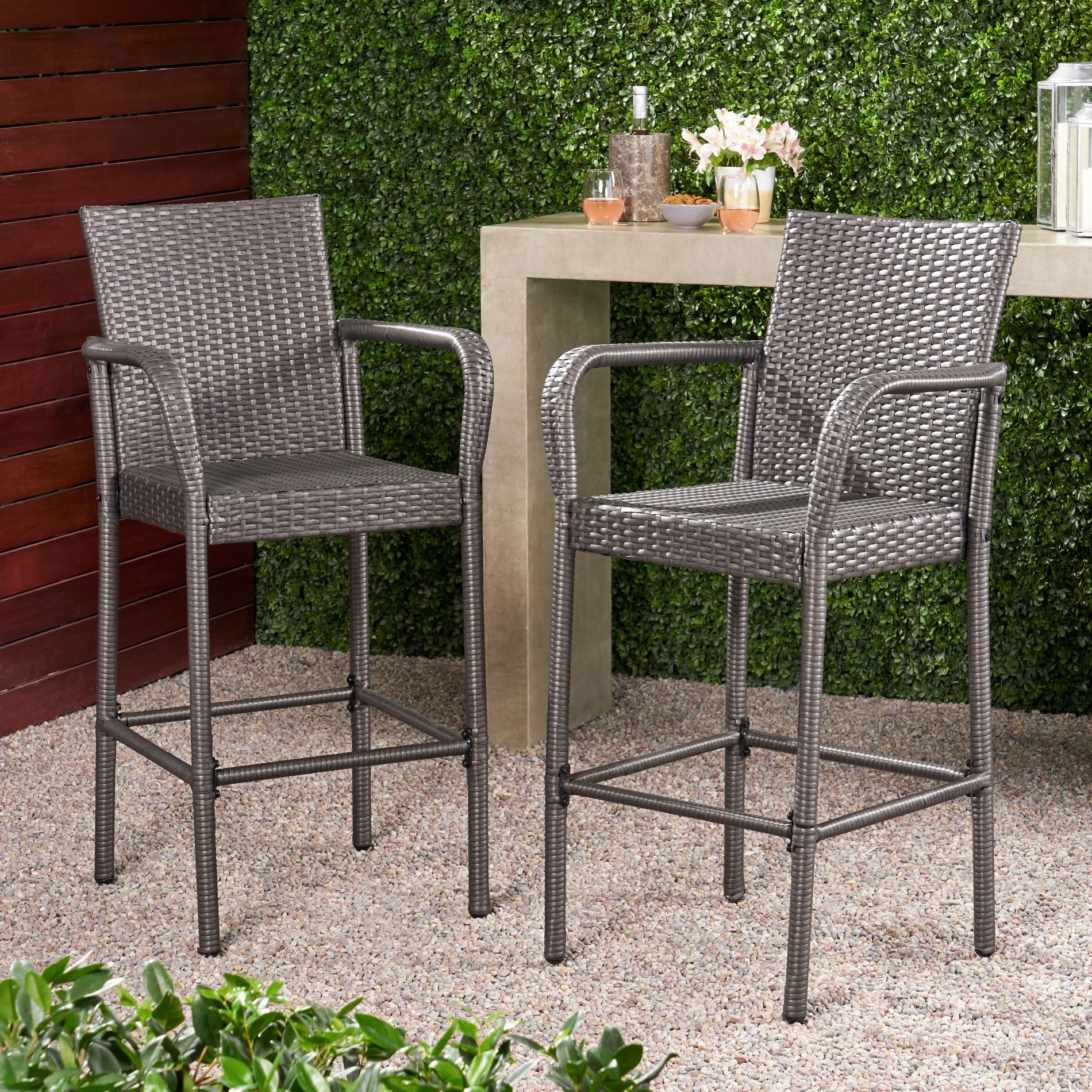Spassway 2-Piece 47"H Gray/Brown Indoor Outdoor Patio Counter Bar Stools and Chairs with Armrests for Backyard Weather Resistant Rattan Design
