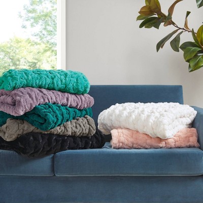 Aqua Ruched Faux Fur Reversible Throw Blanket 50x60"