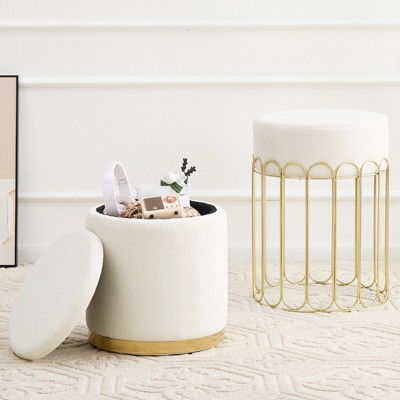 KTMBDW Set of 2 Round Velvet Storage Ottomans – Upholstered Vanity Stool, Footrest, Side Table with Removable Lid for Living Room & Bedroom