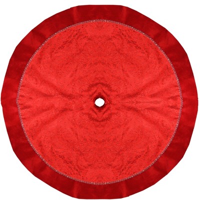 Northlight 48" Red Glittered Swirl Sheer Organza Christmas Tree Skirt with Velvet Trim