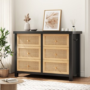 Molysoul Rattan Dresser with 6 Drawers - 47'' Large Drawers with Metal Handle, Bedroom Dresser for Living Room, Entryway, Hallway (Black and Oak) - 1 of 4