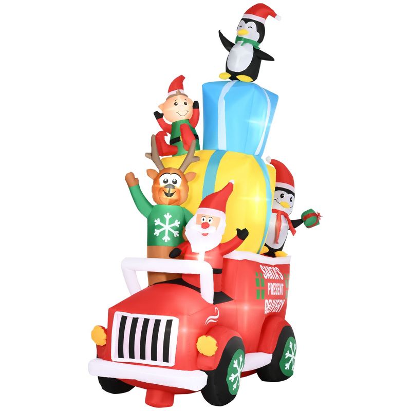 Outsunny 9ft Christmas Inflatables Outdoor Decorations Santa Claus Drives a Gift Car with Elk, Elf and Two Penguins, Blow-Up LED Yard Christmas Decor, 1 of 8