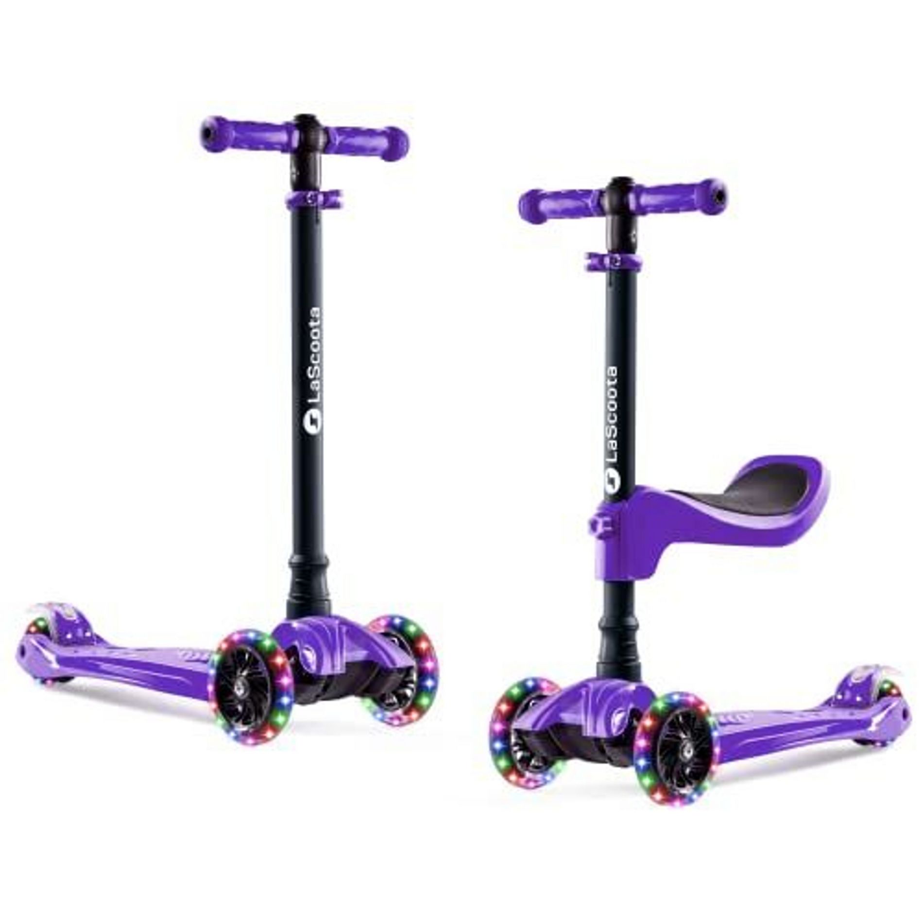 LaScoota 2-in-1 Kids Kick Scooter, Adjustable Height Handlebars and Removable Seat, 3 LED Lighted Wheels - Purple