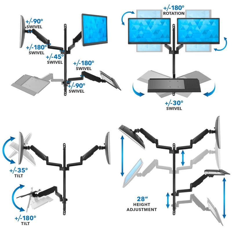 Mount-It! Wall Mount Workstation w/ Dual Monitor Mount, Keyboard Tray & CPU Holder, Height Adjustable Full Motion Arms, Fits 32 in. Computer Screens, 4 of 10