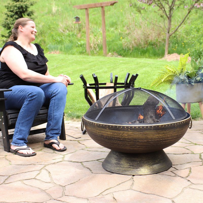 Sunnydaze Outdoor Camping or Backyard Large Fire Pit Bowl with Spark Screen, Log Poker, and Metal Wood Grate - 30" - Bronze, 3 of 15