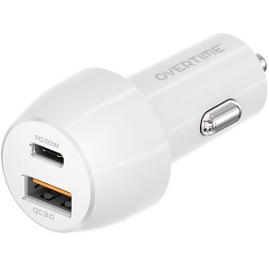 Overtime 38W Rapid Car Charger with USB-A and Type-C Ports, White - 1 of 4