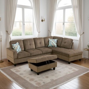 Brown Fabric Sectional Sofa with Chaise Lounge & Storage Ottoman �C Modern Comfort & Style - 1 of 4