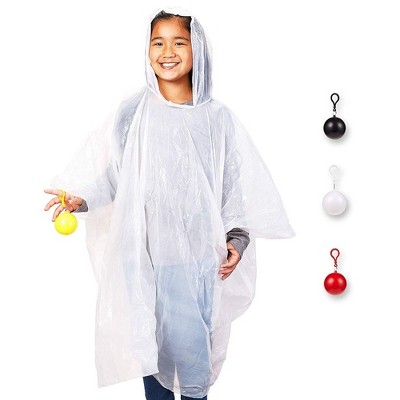 Juvale 4 Pack Kids Disposable Rain Ponchos with Ball, Child Emergency Waterproof Raincoat with Hood for Boys and Girls, White