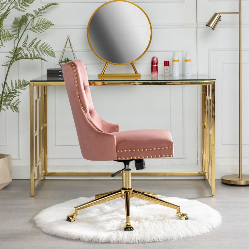 Furniture Office Chair,Velvet Upholstered Tufted Button Home Office Chair with Golden Metal Base,Adjustable Desk Chair Swivel Chair-The Pop Home, 4 of 10