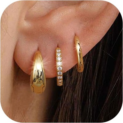 3Pairs 925 Sterling Silver, 14K Gold Plated Small Huggie Hoop Earrings Sets for Multiple Piercing CZ Cartilage Earrings Stacks